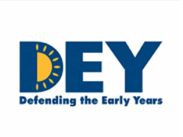 The DEY logo features large blue letters with a yellow semicircle and sun rays inside the 